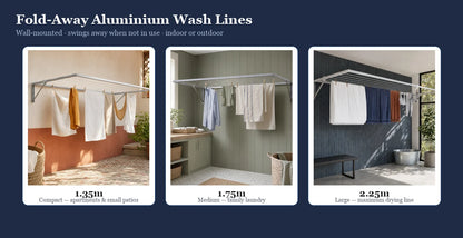 Fold-away wash line size guide — 1.35m, 1.75m, 2.25m