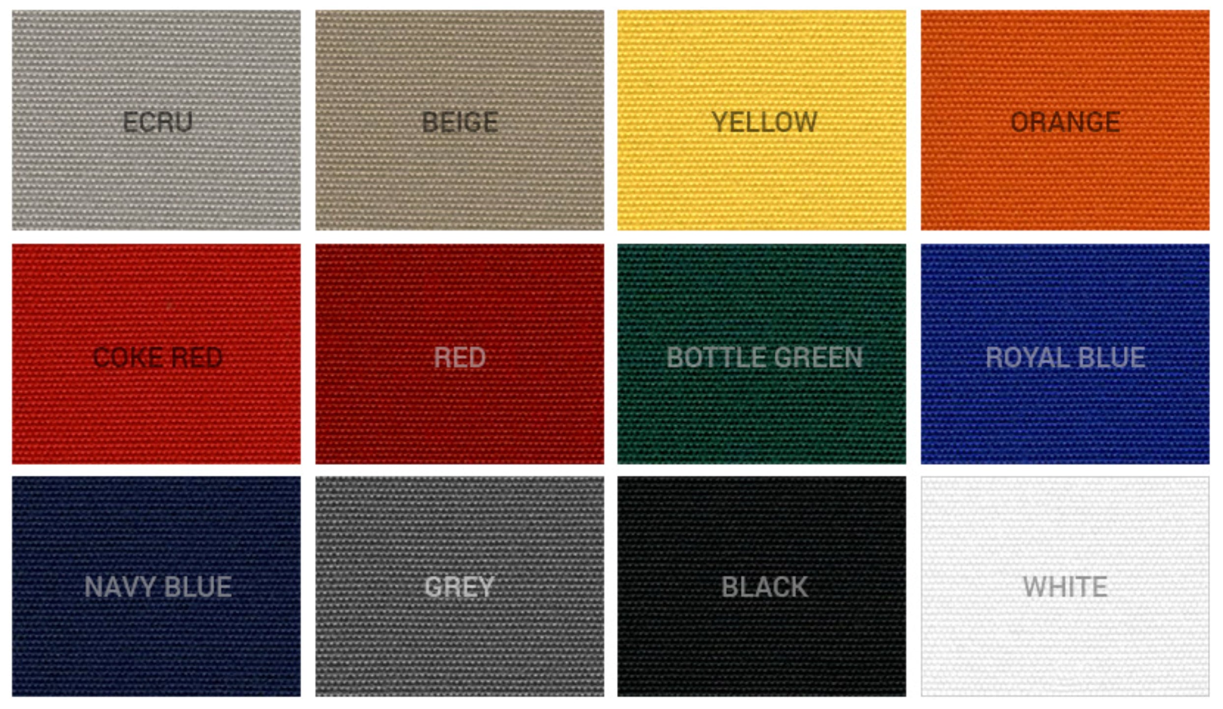 Viking 300 outdoor canvas colour options — Ecru, Beige, Yellow, Orange, Coke Red, Red, Bottle Green, Royal Blue, Navy Blue, Grey, Black and White